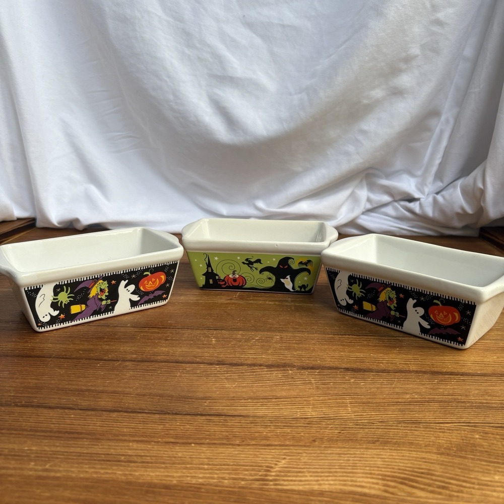 3pc Ceramic Mini Rectangular Loaf Pans Halloween, 2 Cup, Oven/Micro/DW